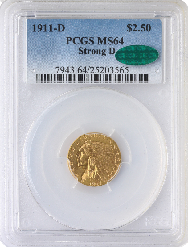 1911-D $2 1/2 Indian PCGS MS64 CAC