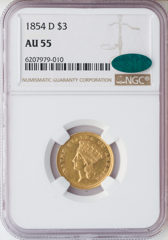 1854-D $3 NGC AU55 CAC