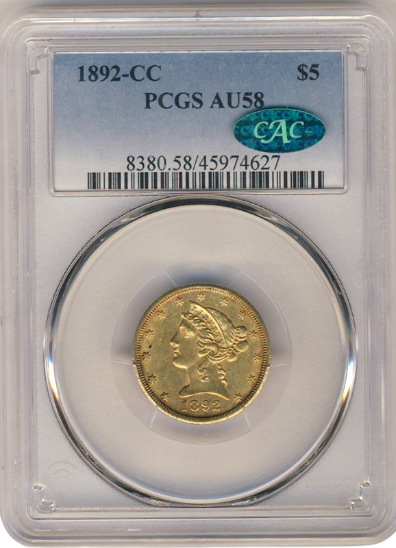 1892-CC $5 Liberty PCGS AU58 CAC