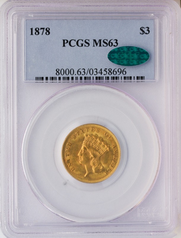 1878 $3 Indian Princess PCGS MS63 CAC