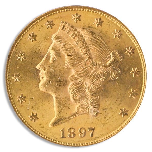 1897-S $20 Liberty Gold Coin PCGS Mint State 63(MS63) CAC