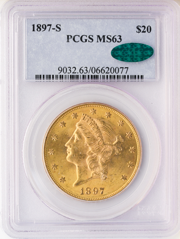 1897-S $20 Liberty Gold Coin PCGS Mint State 63(MS63) CAC