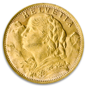 Swiss Gold 20 Franc Helvetia Coin (Circ, Dates Vary)