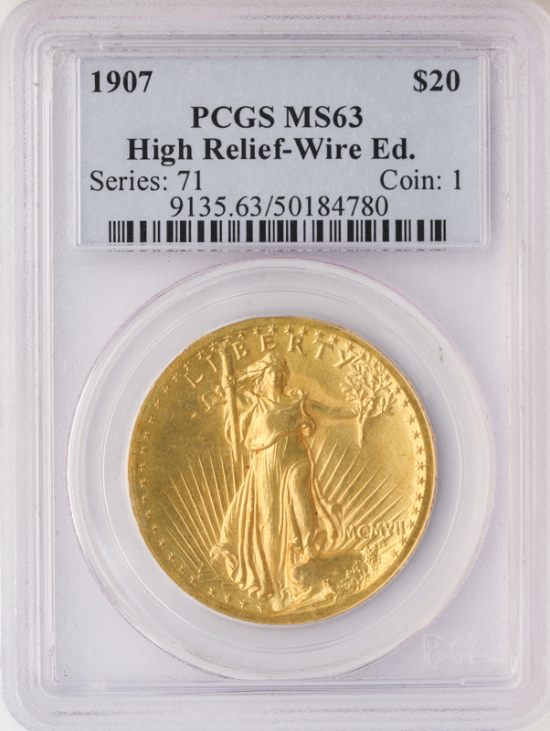 1907 $20 Saint Gaudens High-Relief Wire Edge PCGS MS63