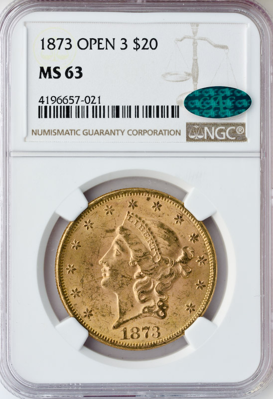 1873 $20 Liberty Open 3 NGC MS63 CAC