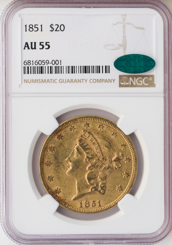 1851 $20 Liberty NGC AU55 CAC