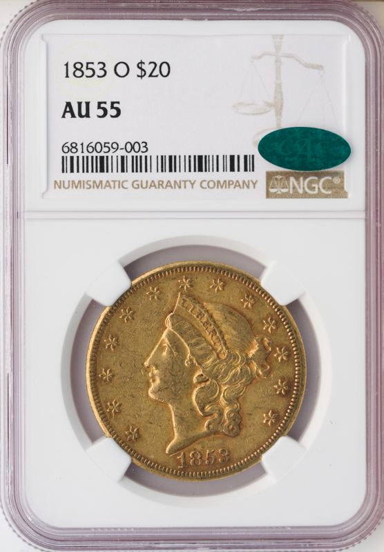 1853-O $20 Liberty NGC AU55 CAC