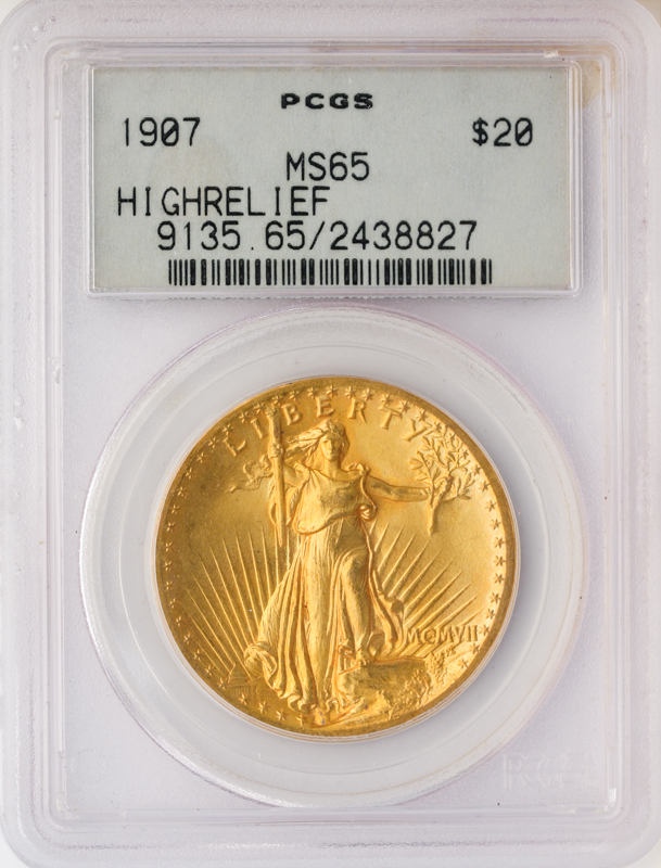 1907 $20 Saint Gaudens High Relief Wire Edge PCGS MS65