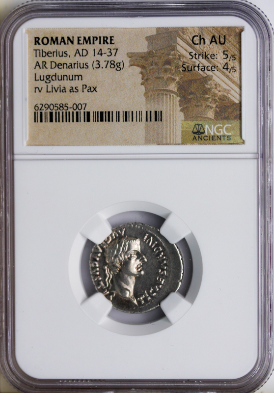 Roman Empire Tiberius Denarius NGC ChAU Str:5 Srf:4 3.78 grams