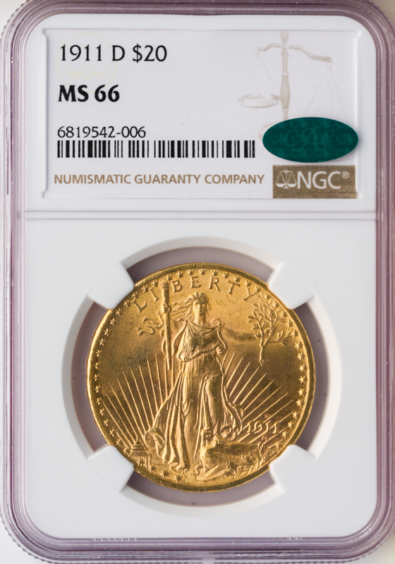 1911-D $20 Saint Gaudens NGC MS66 CAC