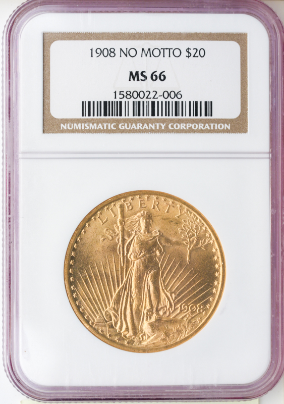 $20 Saint Gaudens No Motto Certified MS66 (Dates/Types Vary)