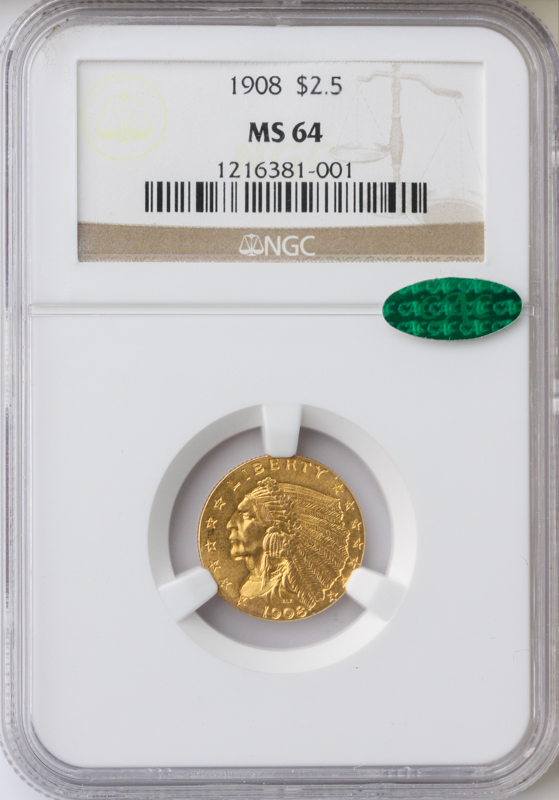1908 $2 1/2 Indian NGC MS64 CAC