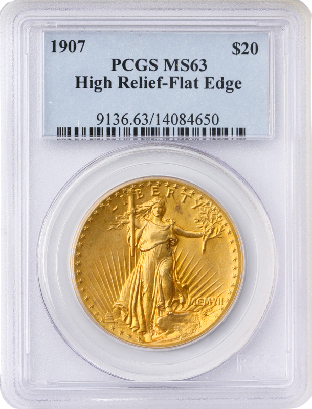 1907 $20 Saint Gaudens High Relief Flat Edge Pcgs Ms63 - Blanchard And 