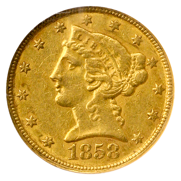 1858-C $5 Liberty NGC AU55 CAC