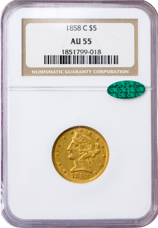 1858-C $5 Liberty NGC AU55 CAC