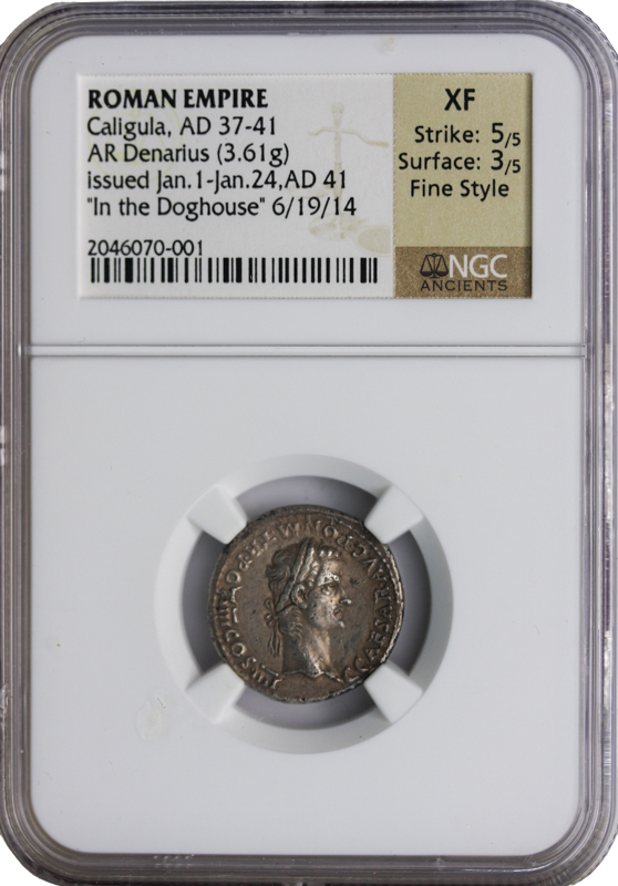 Roman Empire Caligula Denarius NGC XF Strike:5 Surface:3 Fine Style 3.61g "In the Doghiuse"