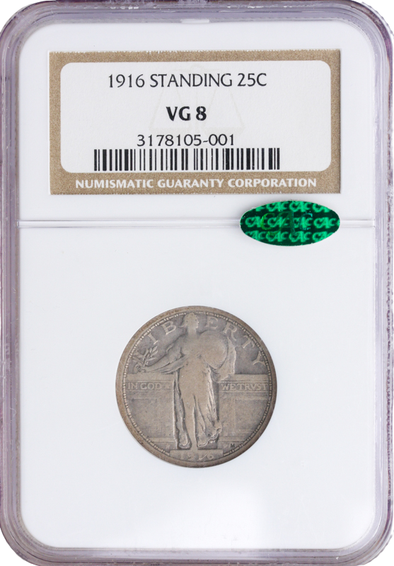 1916 Silver Standing Liberty Quarter NGC VG08 CAC