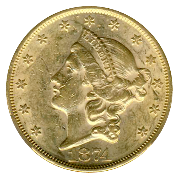1874 $20 Liberty CACG AU58