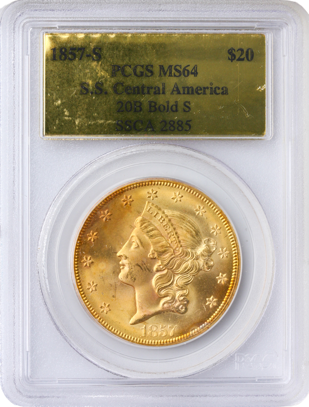 1857-S $20 Liberty SSCA Bold S PCGS MS64