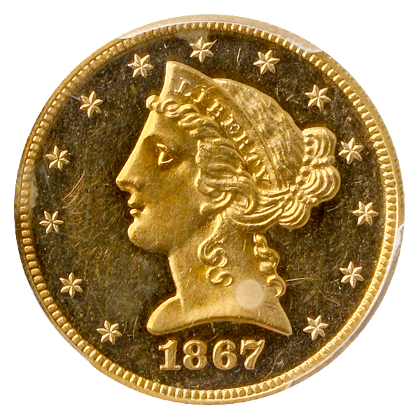 1867 $5 Liberty PCGS PR62 CAC Cameo +