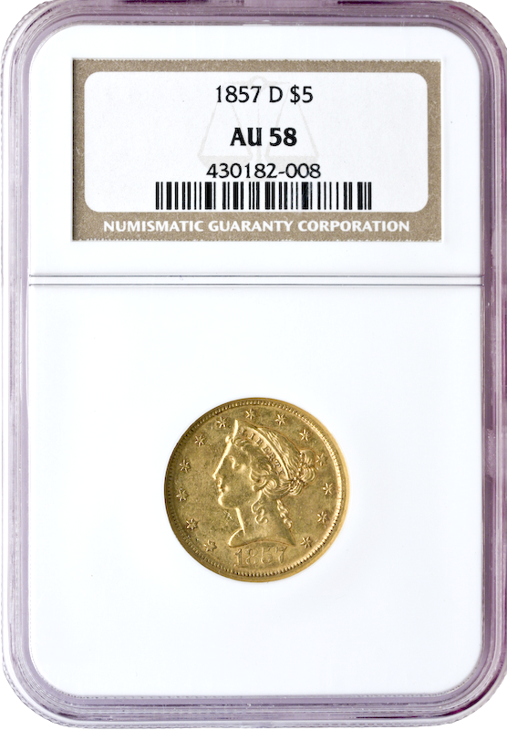 1857-D $5 Liberty NGC AU58