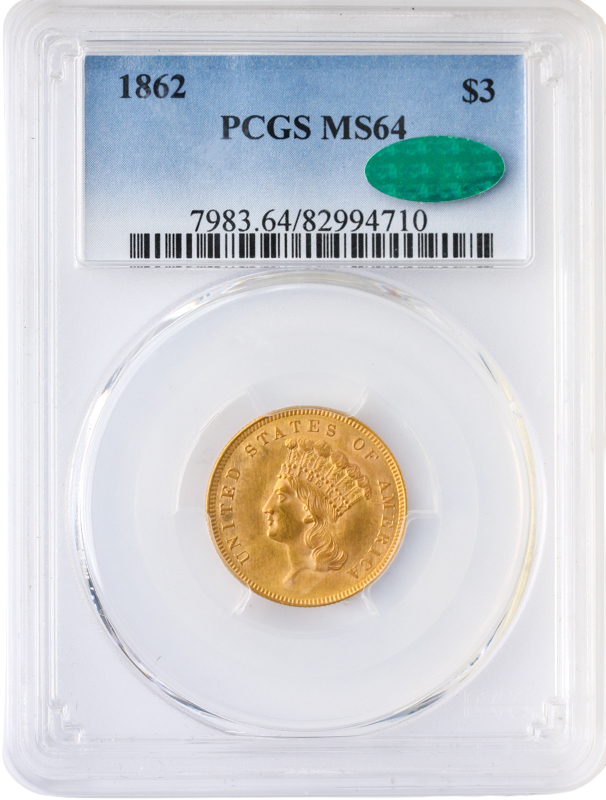 1862 $3 Indian Princess PCGS MS64 CAC