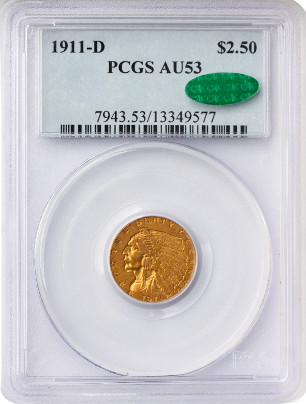 1911-D $2 1/2 Indian Gold Coin PCGS AU53 CAC