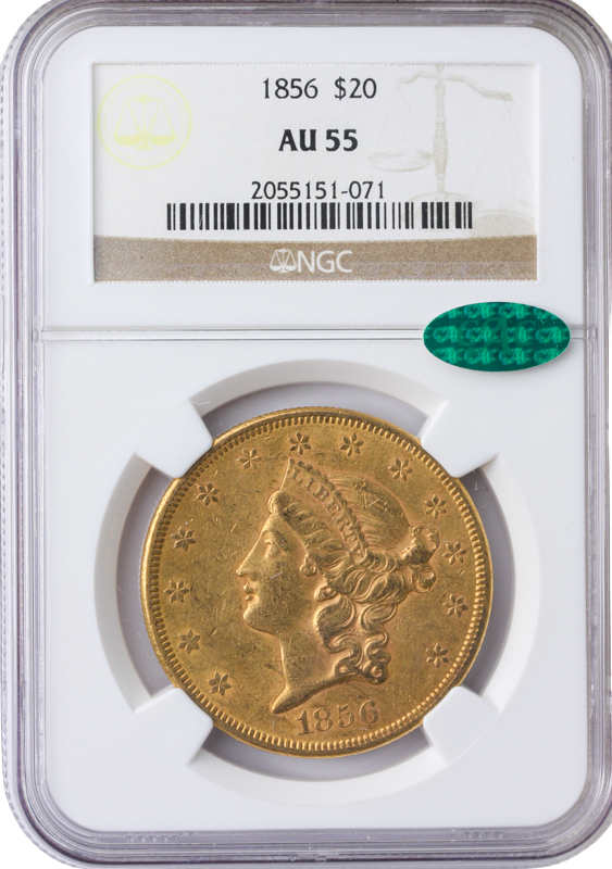 1856 $20 Liberty NGC AU55 CAC