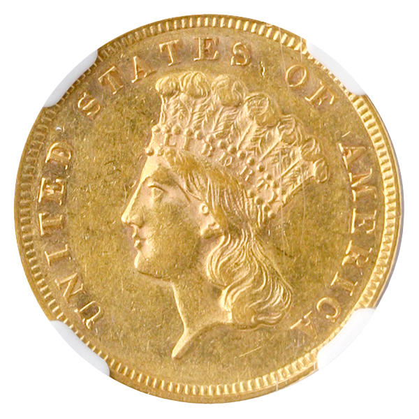 1860 $3 Gold NGC AU55 CAC