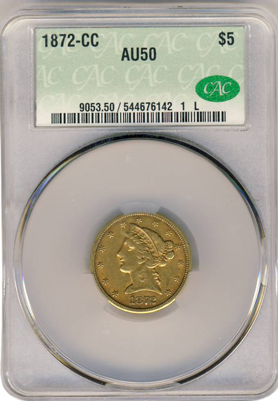 1872-CC $5 Liberty CACG AU50