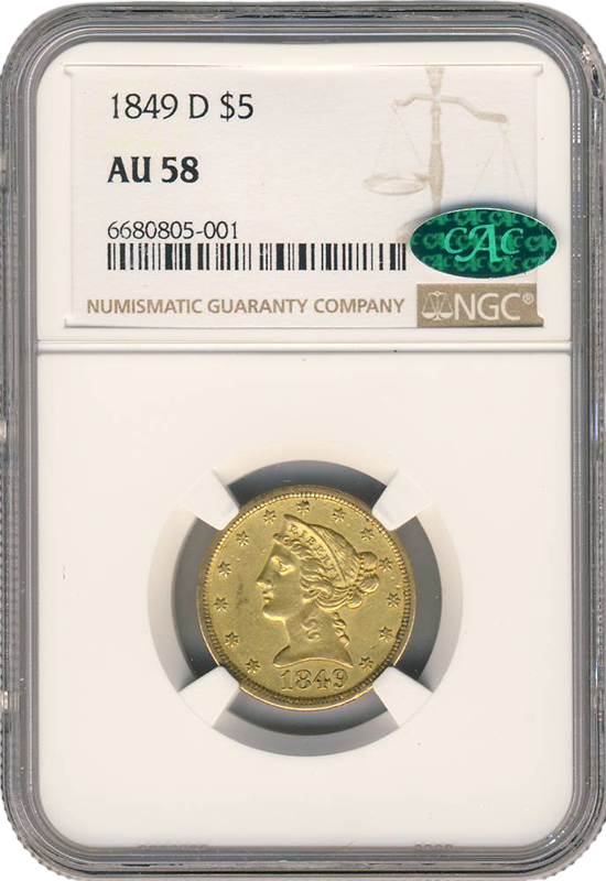 1849-D $5 Liberty PCGS AU58 CAC