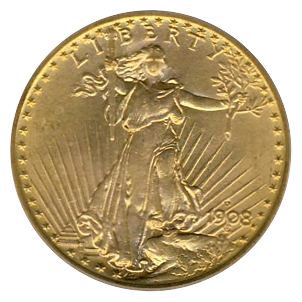 1908-D $20 Saint Gaudens No Motto PCGS MS64