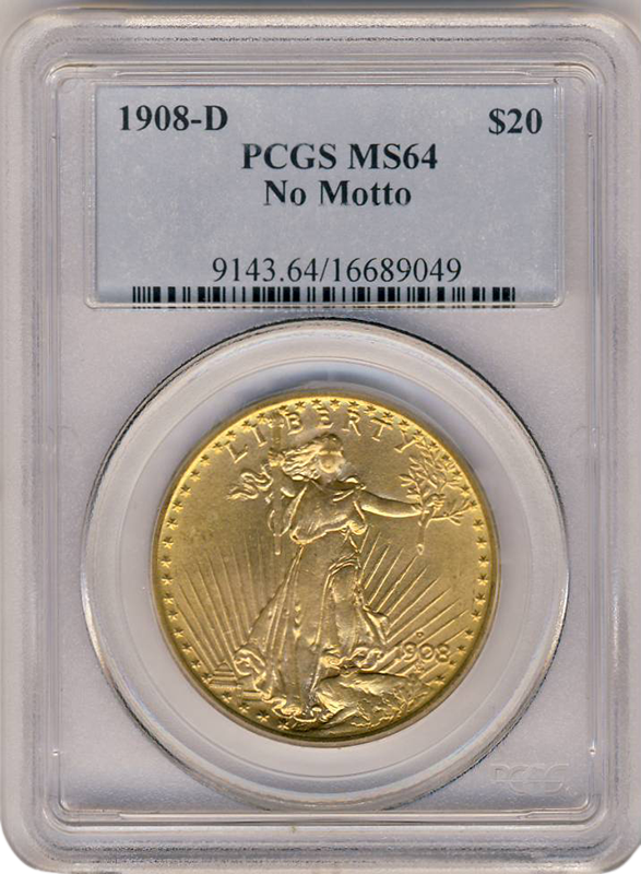 1908-D $20 Saint Gaudens No Motto PCGS MS64