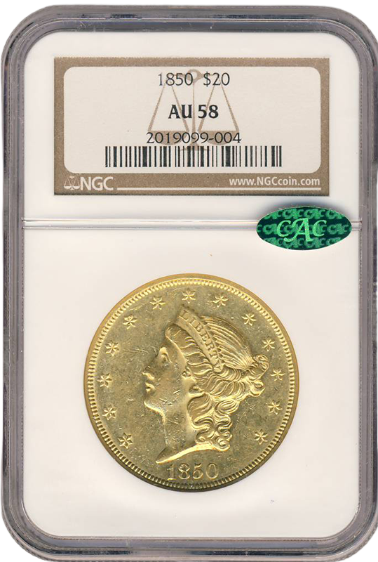 1850 $20 Liberty NGC AU58 CAC