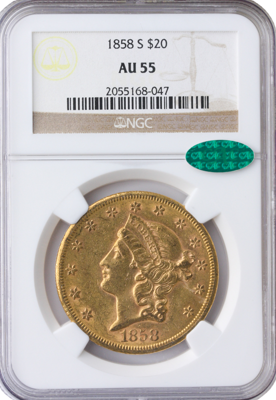 1858-S $20 Liberty Ty 1 NGC AU55 CAC