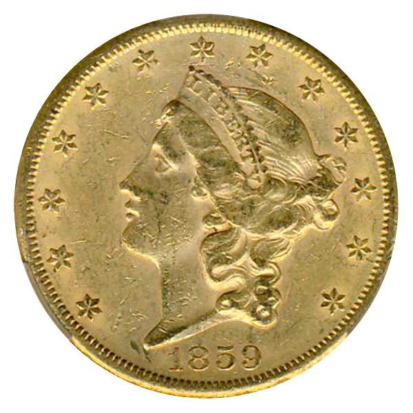 1859-S $20 Liberty CACG AU58