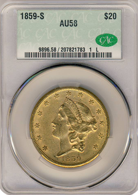 1859-S $20 Liberty CACG AU58