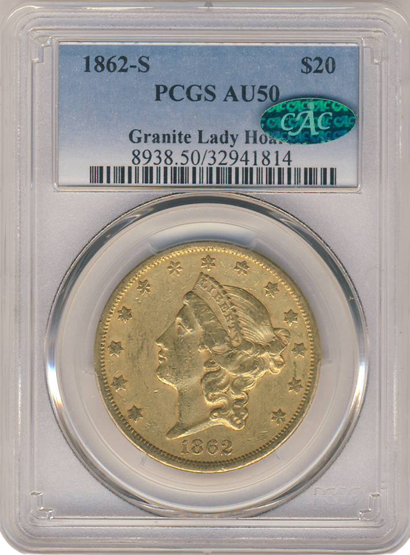 1862-S $20 Liberty PCGS AU50 CAC