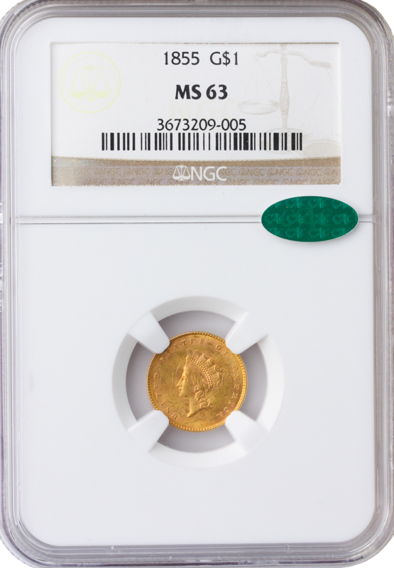 1855 Gold $1 Type II NGC MS63 CAC