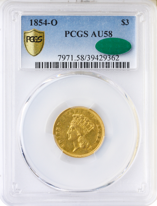 1854-O $3 Indian Princess PCGS AU58 CAC