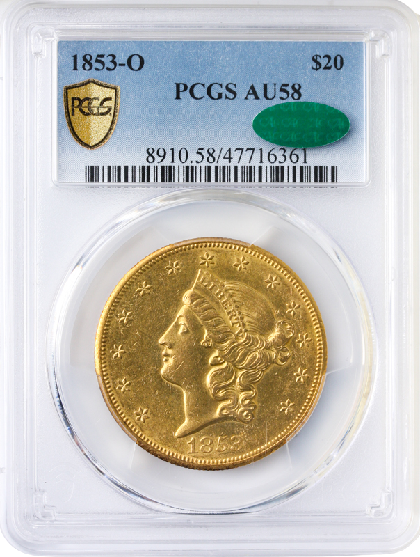 1853-O $20 Liberty PCGS AU58 CAC