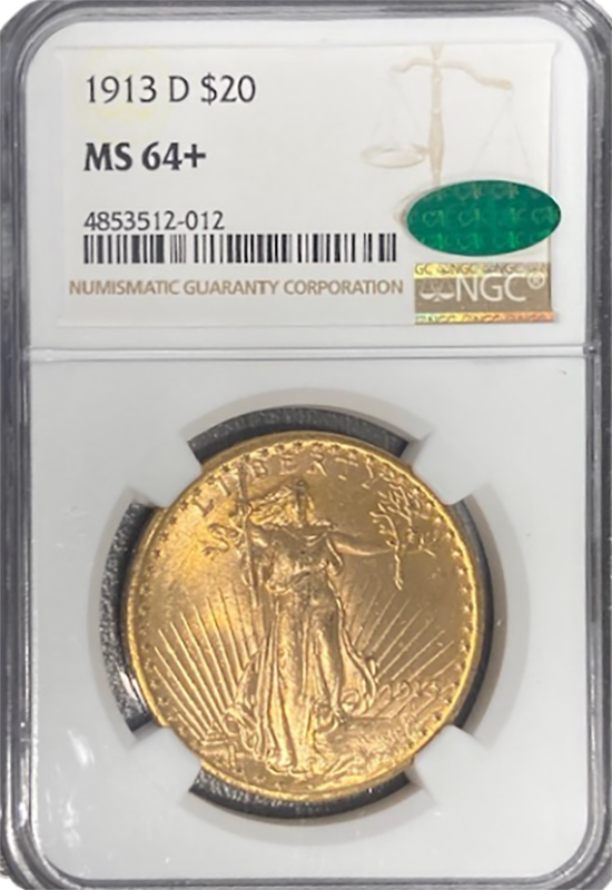 1913-D $20 Saint Gaudens NGC MS64 CAC +