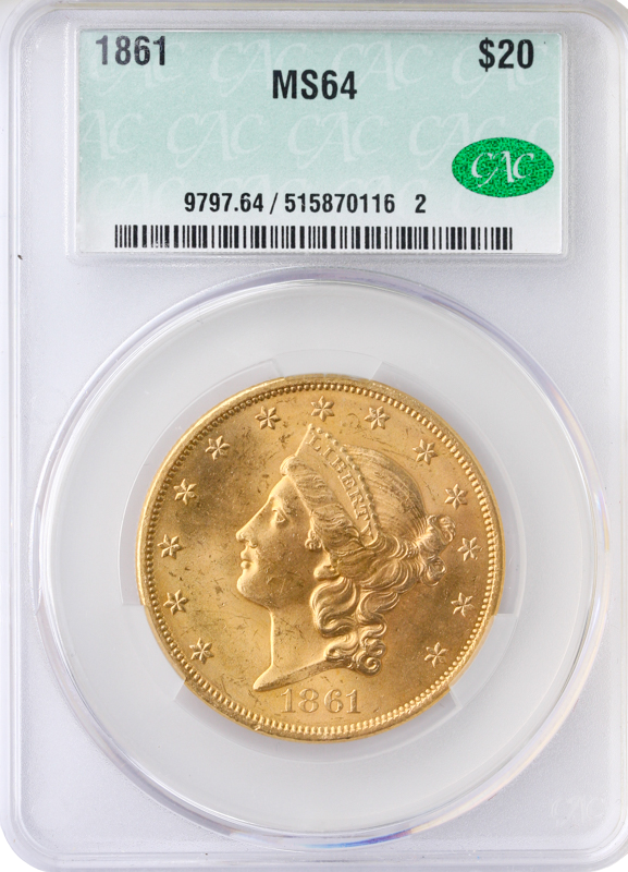 1861 $20 Liberty CACG MS64