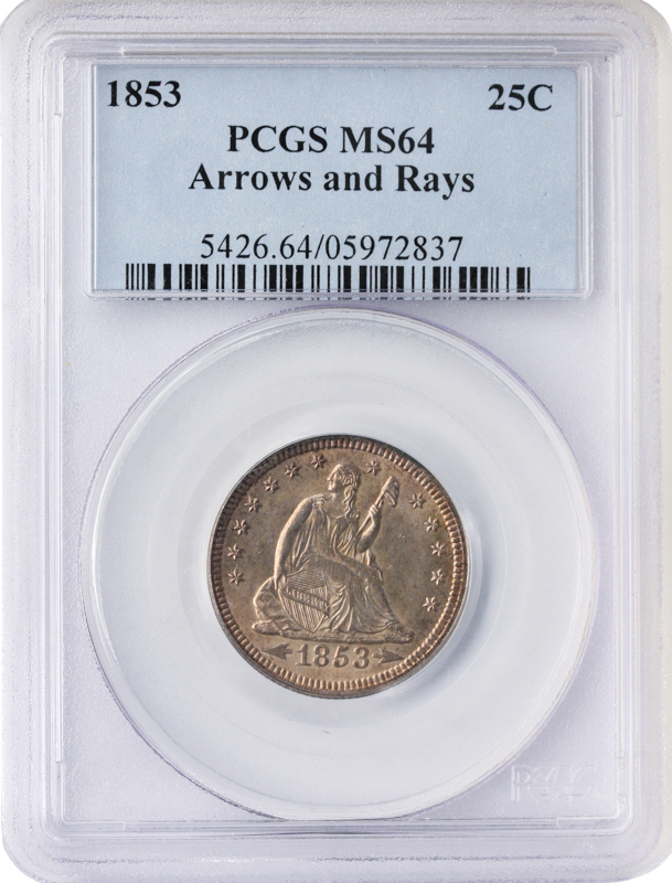 1853 Seated Liberty Quarter Arrows and Rays PCGS MS64