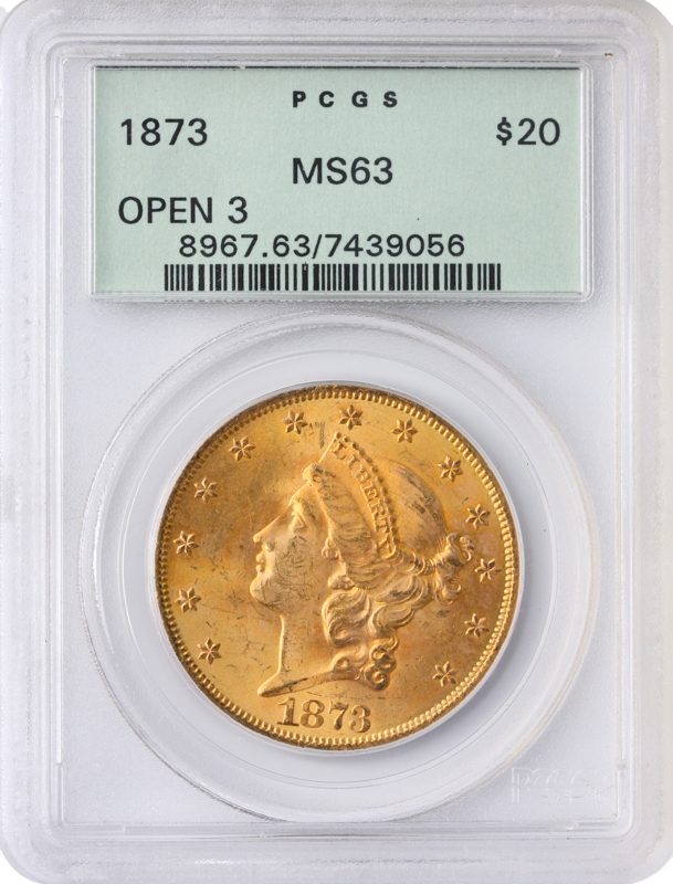 1873 $20 Liberty Open 3 PCGS MS63