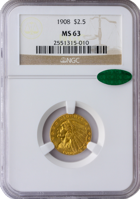 1908 $2.50 Indian NGC MS63 CAC