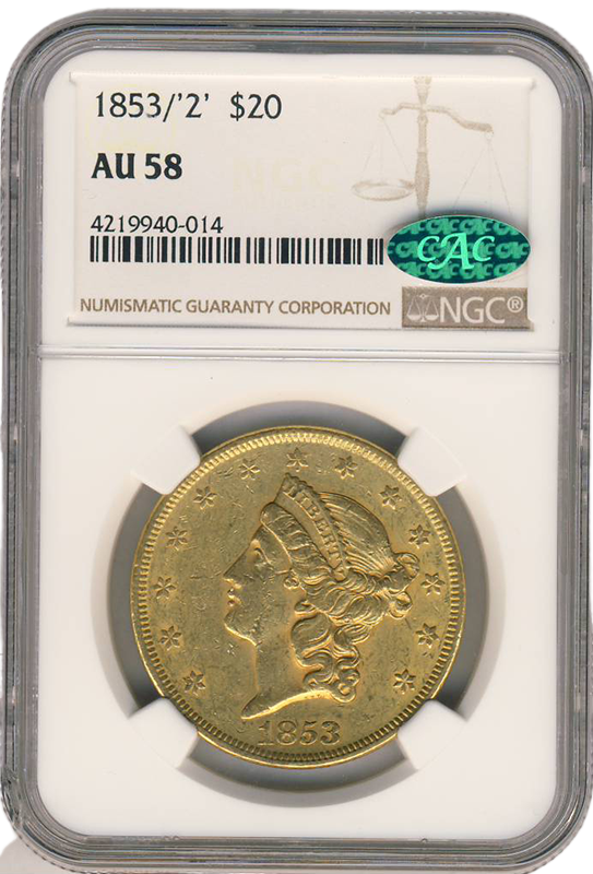 1853/2 $20 Liberty NGC AU58 CAC