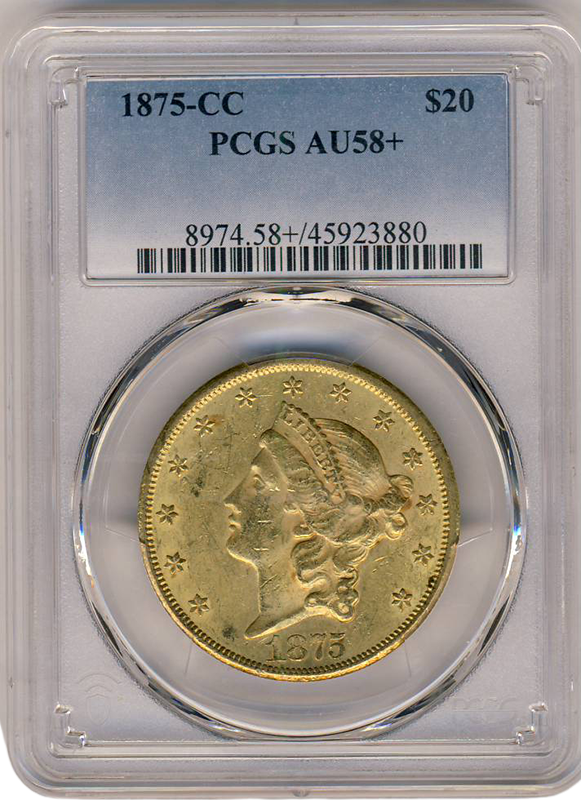 1875-CC $20 Liberty PCGS AU58 +