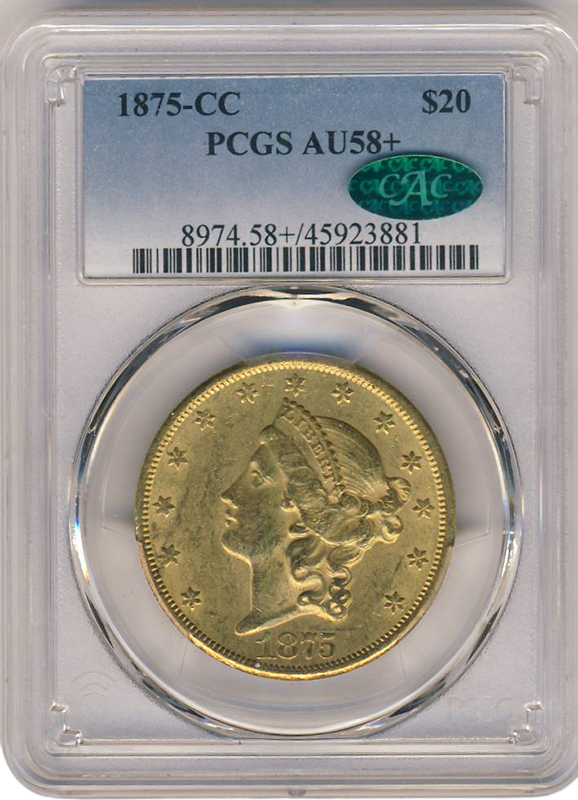 1875-CC $20 Liberty PCGS AU58 CAC +