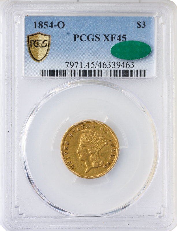 1854-O $3 Indian Princess PCGS XF45 CAC